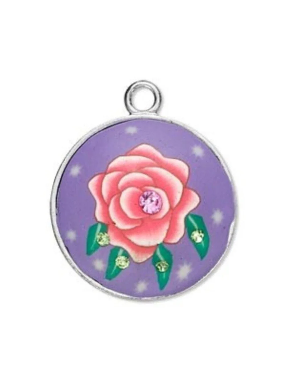 Handcrafted Fimo Poly Clay Purple Pink Rose Flower Leaves Czech Crystals Pendant